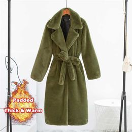 Femmes hiver chaud fausse fourrure manteau épais femmes Long manteau col rabattu femmes manteau chaud avec ceinture Casaco Feminino avec ceinture 211018