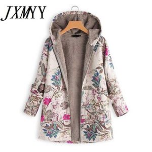 Femmes hiver chaud floral veste à capuche fleur impression à capuche vintage manteaux surdimensionnés hiver veste rembourrée femmes parkas 211007