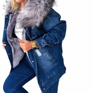 Femmes hiver chaud col moelleux veste en jean à capuche épaisse peluche doublée chaude manches lg jean manteau bout à bout surdimensionné lâche out K0Yi #