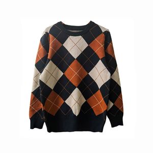 Vrouwen Winter Warme Gebreide Trui Vrouwelijke Vintage Dikke Losse Trui Dames Koreaanse Casual Ronde Hals Argyle Streetwear