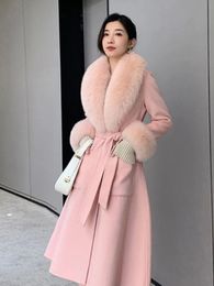 Femmes hiver manteaux de laine col de fourrure écharpe manchette ensemble chaud mode luxe pardessus foulards châles femme élégant solide épais 231226