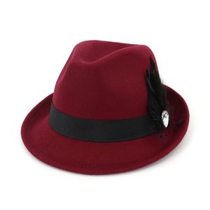 Vrouwen Wol Felt Roll Up Short Bravel Homburg Fedora Hoeden met Veer Lint Mode Dames Jazz Cap Sombrero Trilby Hat