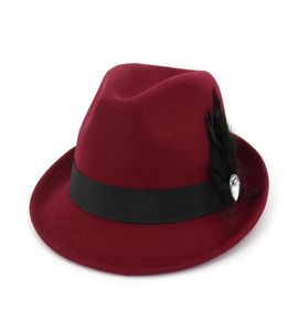 Vrouwenwol vilt Roll Up Short Brim Homburg Fedora Hats With Feather Ribbon Fashion Ladies Jazz Cap Sombrero Trilby Hat3386137