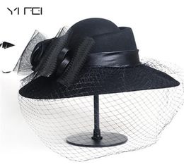 Mujeres lana Velo floral Netting Feather Brim ancho Derby Sombrero