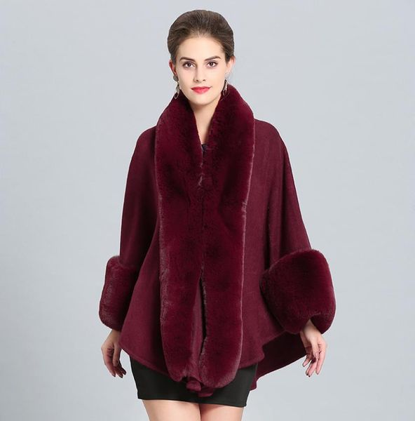 Châle de laine pour femmes avec faux lapin garniture en fourrure avec collier de fourrure enveloppe d'automne Cape Cape avec poignets en fourrure Stole2486580