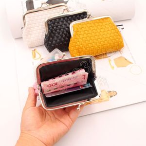 Mini cartera tejida de cuero PU para mujer, tarjetero, monedero, monedero para mujer, monedero con cerrojo, bolso de mano pequeño