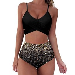 Set bikini avvolgente da donna con paillettes stampa push up costume da bagno moda costumi da bagno a vita alta costume da bagno due pezzi sexy imbottito brasiliano 240109