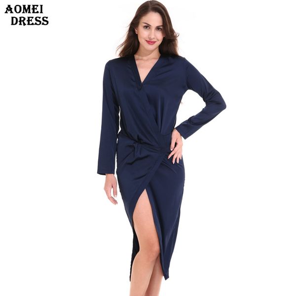 Femmes Wrap Fente Col En V Sexy Robe En Soie À Manches Longues Split Irrégulière Printemps Été Bleu Foncé S M L XL 2XL Femme Robes Tuniques Robes 210416