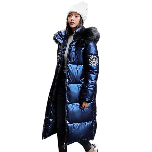 Mujeres X-long oversize azul abajo chaquetas gruesas casuales con charretera de piel invierno abrigos femeninos con capucha sólido piumini donna