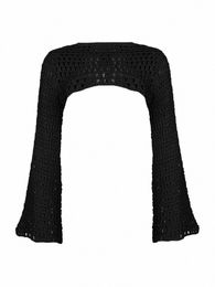 Femmes Y2K Crochet Tricot Creux Out Crop Top LG Manches évasées Shrug Pull Mesh Cover Ups Cardigan Streetwear J7VZ #