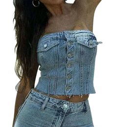 Vrouwen Y2K Denim Crop Top Vest Chic Backless Off Schouder Strapless Corset Tube Top Sexy Button Up Jeans Camisole Tops 240408