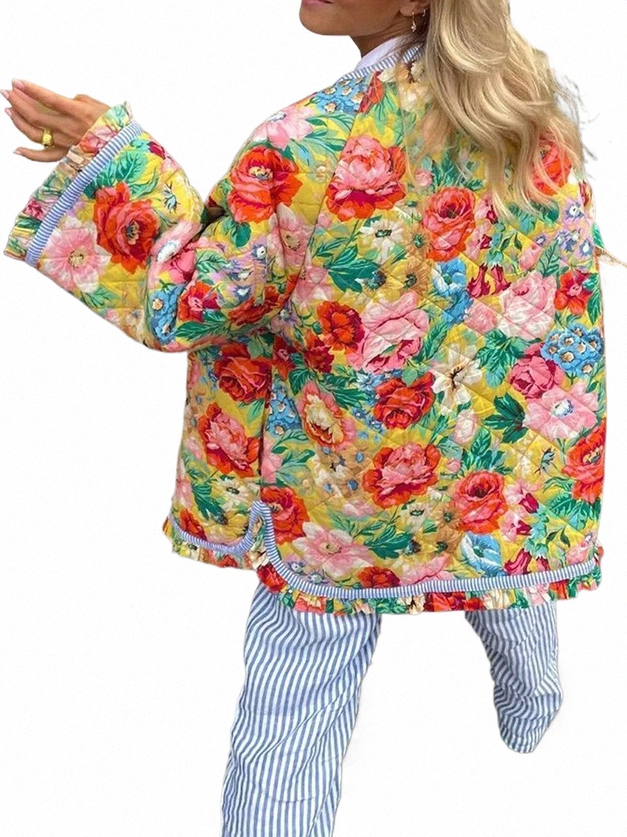 Frauen Y2k gesteppte Pufferjacke Blumen-Butt-Down-Lg-Ärmel gepolsterter Mantel Vintage leichte Jacken Winter-Outwear d1PX #