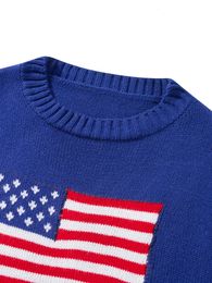 Mujeres Y2k Vintage Bandera Americana Impresión Suéter Manga Larga Cuello Redondo Casual Punto Jersey Preppy Rayas Suéter 240201