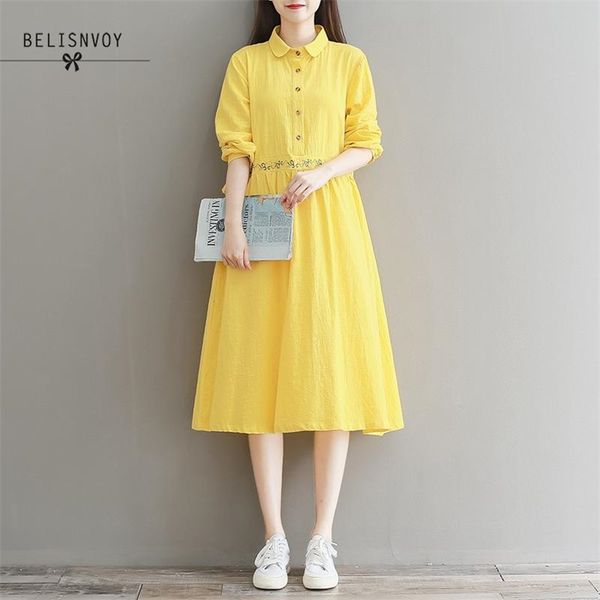 Femmes jaune bleu marine Robe printemps automne coton lin broderie à manches longues Vintage Robe ample Femme Vestidos 210520