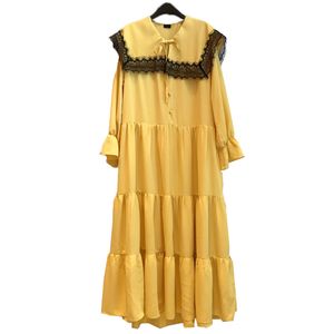 Femmes Jaune Noir Peter Pan Col Dentelle Patchwork Mousseline De Soie Longue Robe À Manches A-ligne Midi Vacances D2453 210514