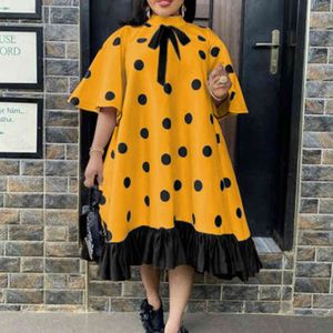 Vrouwen gele jurk polka dot print bowtie mooie losse prinses partij ruche patchwork korte mouw Afrikaanse vrouwelijke schattige vestidos 210416