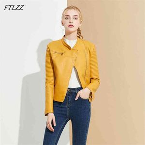 Femmes jaune Faux cuir veste printemps automne femme col rond fermeture éclair Pu vestes manteau moto motard 210430