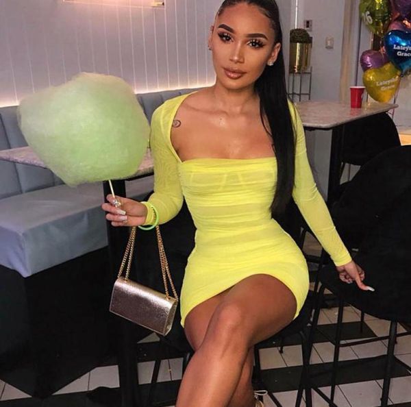 Femmes Jaune Mesh Sheer Long Manche Bodycon Robe Sexy Trasparent Party Club Wear Mini Robe courte Vestido Sage de crayon Robes4710488