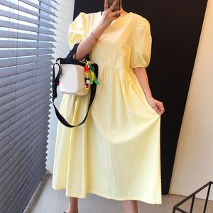 Femmes jaune minimalisme grande taille robe col rond manches courtes bouffantes coupe ample mode printemps été 2F0441 210510