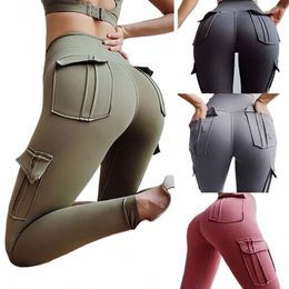 Dames Yoga Fitn-broek Hoge taille Heup Lifting Strakke sport Hardlopen Jeggings Tummy Ctrol Seaml-legging met zakken S-2XL r7Pp #