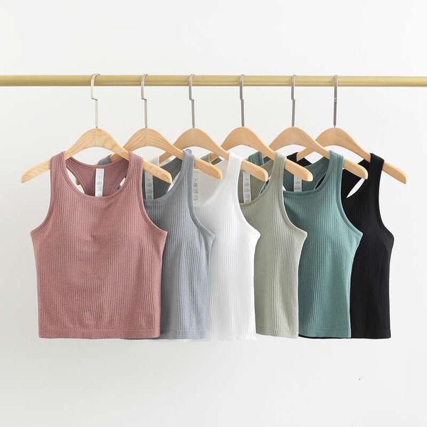 Fiess Débardeur de yoga dos nageur pour femme sans manches - Gilet de sport d'été respirant - Chemise de sport - Côtelé fin - Pour course à pied, gym - Haut de soutien-gorge intégré