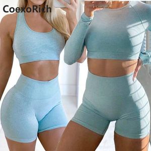 Set da yoga da donna 2 pezzi Vital Tuta sportiva senza cuciture Abbigliamento da palestra Fitness Crop Top Camicia Pantaloncini a vita alta Senza maniche Manica lunga