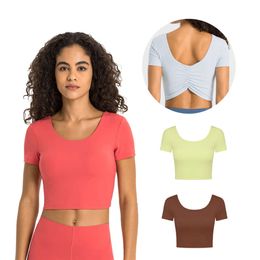 Femmes Yoga Workout Crops Tops Slim Fit Tees Sleeve Breft Construit In Bra T-shirts de la crème de support doux