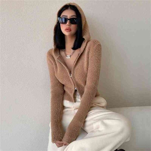 Femmes Zip Through Rib Fluffy Hooded Knit Cardigan Up Crop Sweater 210512