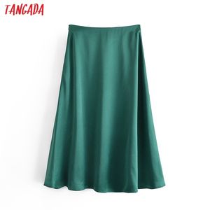 Femmes Zipper Vert Satin Midi Jupe Faldas Mujer Vintage Bureau Dames Élégant Chic Mi-mollet Jupes QN31 210416