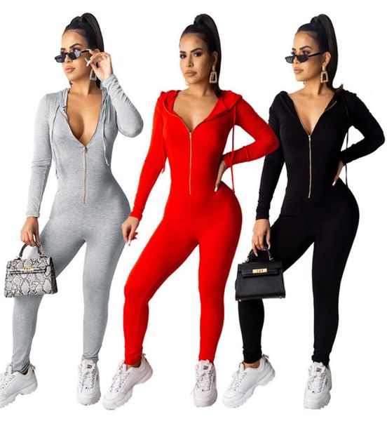 Femmes à saut à capuche à capuche à fermeture éclair sexy Rompères de mode de couleur unie sexy Sauthopsages One Piece Leggings Slim Night Club Wear Tissu 9563045