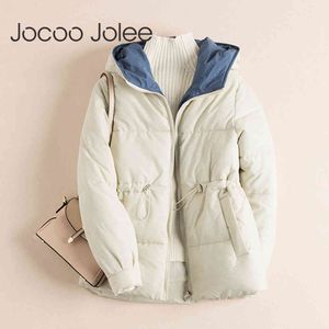 Femmes Zipper Parka Courte Veste rembourrée en coton à capuche Vestes d'hiver chaudes Harajuku Cordon de serrage Manteaux d'extérieur 210428