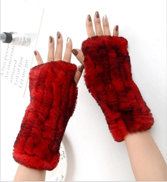 Women039s 100 Real genuino tejido Rex piel de conejo invierno sin dedos cálidos guantes suaves mitones manga del brazo 2010216018087