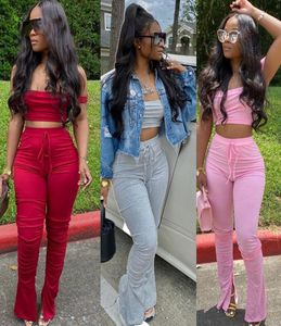 Dames039s 2 -delige outfits sexy off schouder crop top tracksuit outfits set shattle long flare broek jumpsuits met korte mouwen 4269836