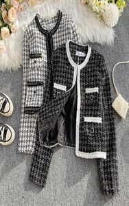 Dames039s herfst nieuwe mode oneck lange mouw houndstooth grid plaid tweed wollen kort ol jas jas casacos plus size ml3876897
