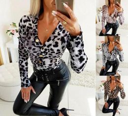 Femmes039s Blouses Shirts Fashion Womens Vêtements Dames Leopard V Neck Elegant Tops BodyCon Lowcut Long Sleeve Blouse Sexy A9203160
