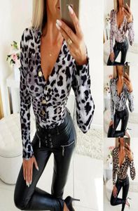 Femmes039s Blouses Shirts Fashion Womens Vêtements Dames Leopard V Neck Elegant Tops BodyCon Lowcut Long Sleeve Blouse Sexy A4189736