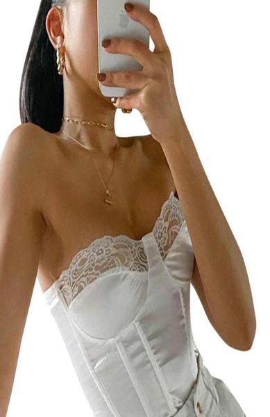 Femmes039 Blouses Chemises Sexy Satin en dentelle en satin Corset Coupped Crops pour femmes sans bretelles Backles sans manches