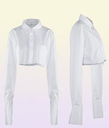 Women039s Blouses Chemises Blanc Croped Tops Femmes Col Rabattu À Manches Longues Chemise Courte En Coton Conception De Poche Simple Breaste4409244
