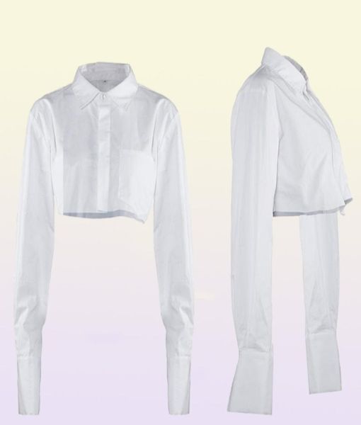 Women039s Blusas Camisas Tops cortos blancos Mujeres Cuello vuelto Camisa corta de manga larga Diseño de bolsillo de algodón Solo pecho4409244