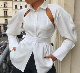 Women039s Blusas Camisas Mujer Botón Abajo Blanco High Street Manga larga Turn Collar Lady Backless Laceup Hollow Plain3821090