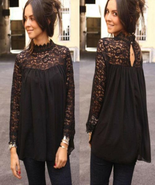 Femmes039s Blouses Shirts Femmes Été Summer à manches longues Lace Lace Flower Blouse Tops Cloths Vêtements Turtleneck en mousseline de fouet