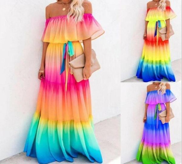 Women039S elegante fuera de la mano Summer Beach Beach Maxi MAXI Vestidos Rainbow plisados Vestidos largos informales Longitud completa S2XL6149077