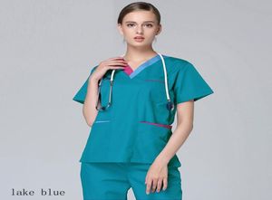 Femmes 039S Scrubs de mode Haut de blocage de couleur Vneck Uniforms médicaux à manches courtes Coton Doctor Nurse Vêtements de travail Wit8160106