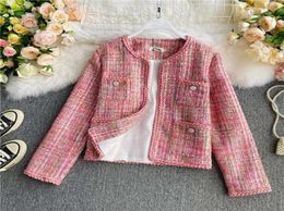 Dames039S Jackets herfstmode oneck lange mouw roze kleur lurex patchwork tweed wollen kort ol jas jas casacos ml3811675