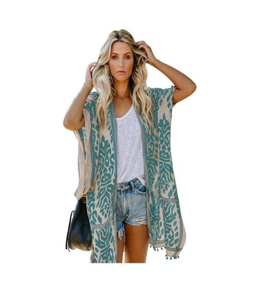 Women039s Jackets Women Summer Summer Shawl Cardigan Pompono impreso Kimono Smock Midlength Coat Bali Seaside Holi3227901