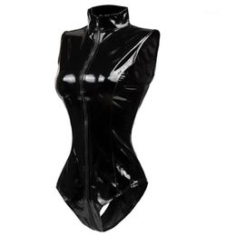 Femmes039s Jumps Curchs Rompers EST Black Crotch Zipper sans manches Sexy Spandex BodySuit en cuir en latex Catsuit PVC Jumps Femmes 3655824