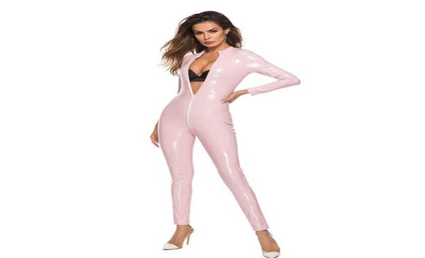 Women039s Monos Mamelucos Sexy para mujer Negro Manga larga Brillante Pu Trajes de cuerpo para mujeres Ropa de dormir Fiesta Damas Cremallera Rosa La1443612