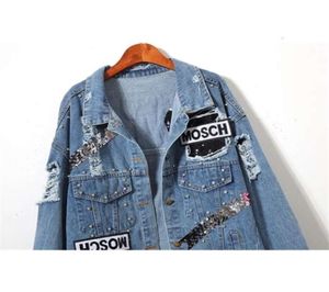 Women039s Ladies Bear Patch Dephinim Jacket With Sequins Pins Women Peadings Punk Slepe Long Street Wear Jeans Jackets Coat6679101