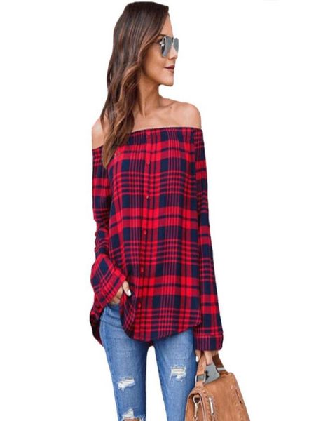 Women039s Damas de algodón fuera de los hombros blusas a cuadros camisas de manga larga blusa casual camisas sueltas ropa roja negros3357949