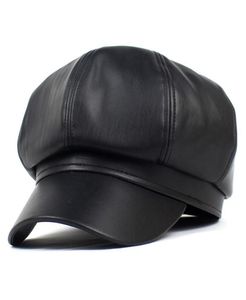 Women039s Chapeau octogonal en cuir PU mat mode coréenne imperméable coupe-vent bérets de couleur unie sauvage bord incurvé casquette à pointe 2540651